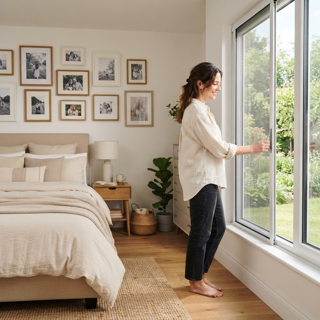 Woman operating a retractable window screen in a bright bedroom